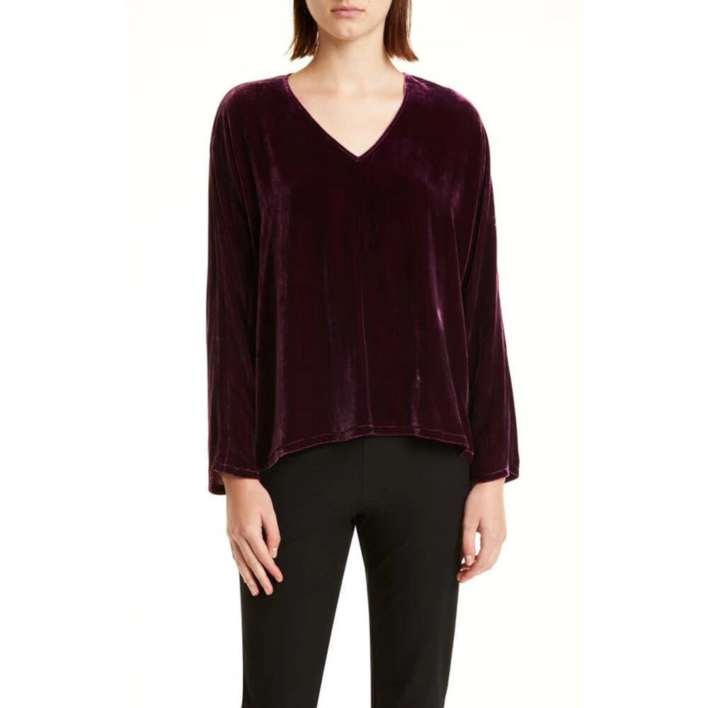 Eileen Fisher Plum Dolman Long Sleeve V-Neck Velvet Top Size Small New